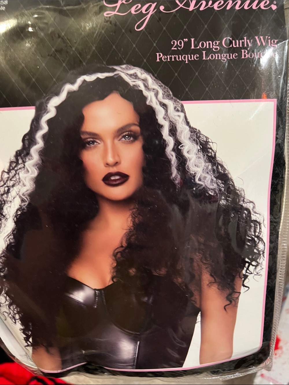 Leg Avenue Black Wig with White Streaks - Long Curly Style